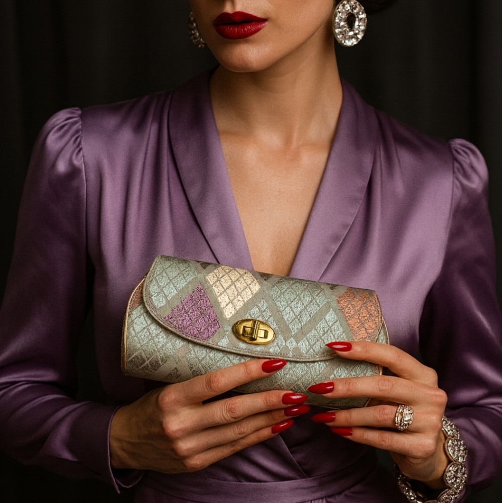 B. TIHMODE Vintage 60s Brocade Satin Clutch – Rare Geometric Evening Purse